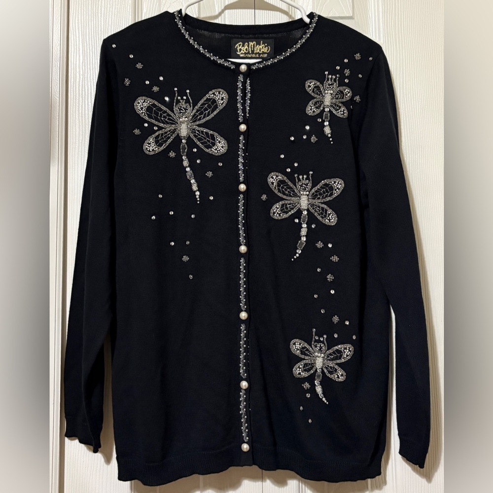 Bob Mackie Sz S Wearable Art Black Button Sweater Embroidered Beaded Dragonflies